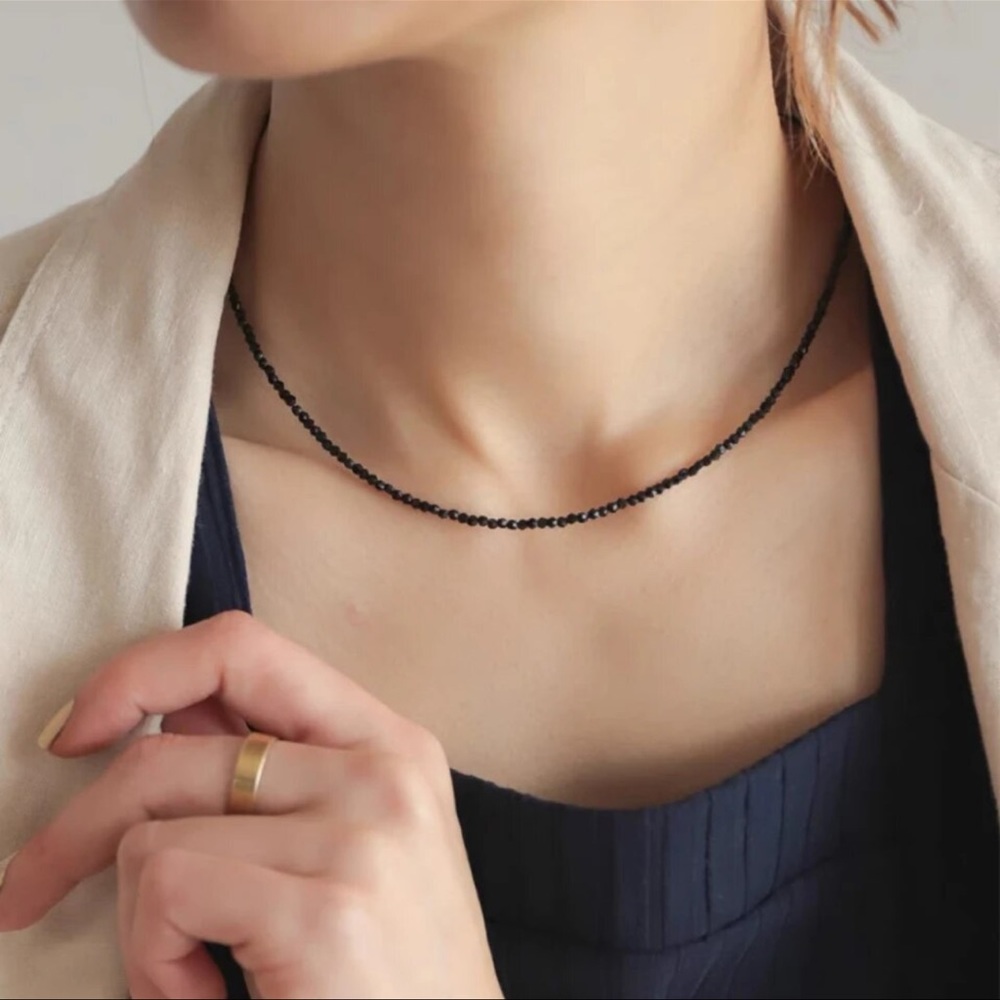 Black Tourmaline Choker Necklace Beaded Gemstone Sterling Silver jewelry